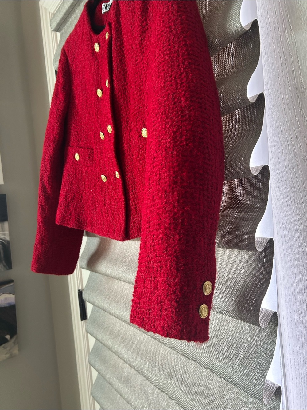 Zara Red Tweed Double-Breasted Blazer with Gold Buttons - Picture 5 of 6